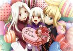  :d absurdres ahoge artoria_pendragon_(all) balloon blonde_hair box child fate/zero fate_(series) formal green_eyes happy_valentine heart-shaped_box highres illyasviel_von_einzbern irisviel_von_einzbern long_hair mother_and_daughter multiple_girls official_art open_mouth ponytail red_eyes saber scan smile suit valentine white_hair yamazaki_miki younger 