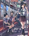  3girls cameo glasses hatsune_miku headphones long_hair multiple_girls old_man original pontou power_lines school_uniform short_hair sign sitting standing train_interior vanishing_point vocaloid 