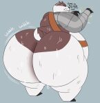 2025 anthro badger badgerclops belly big_butt black_nose blue_background bodily_fluids brown_body brown_fur butt cartoon_network dialogue english_description english_text eyes_closed fur hi_res male mammal mao_mao:_heroes_of_pure_heart mechanical_arm megacoolbear_(artist) multicolored_body multicolored_fur mustelid musteline nude_anthro nude_male overweight overweight_anthro overweight_male rear_view simple_background small_ears small_tail solo standing sweat sweaty_body sweaty_butt tail text thick_thighs whiskers white_body white_fur