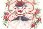  bad_id bad_pixiv_id capelet flower frills hat hat_ribbon nagae_iku nayuko petals purple_hair red_eyes ribbon scarf skirt smile solo touhou traditional_media watercolor_pencil_(medium) 