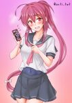  1girl adapted_costume ahoge alternate_costume anti_(untea9) blue_one-piece_swimsuit blue_sailor_collar blue_skirt cellphone commentary_request gradient_background highres holding holding_phone hypnosis_app i-168_(kancolle) kantai_collection long_hair neckerchief one-piece_swimsuit phone pink_background pleated_skirt ponytail red_eyes red_hair red_neckerchief sailor_collar sailor_shirt school_uniform serafuku shirt short_sleeves skirt smartphone solo swimsuit swimsuit_under_clothes twitter_username white_shirt 