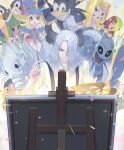  4girls blue-eyes_toon_dragon blue-eyes_white_dragon dark_magician_girl duel_monster gemini_elf glowing grey_hair highres holding holding_brush long_hair manga_ryu_ran multiple_girls painting_(action) pegasus_j_crawford re_(pixiv_89203939) shirt summoned_skull suspenders toon_dark_magician_girl toon_gemini_elf toon_mermaid toon_summoned_skull white_shirt yu-gi-oh! yu-gi-oh!_duel_monsters 