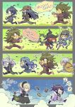  &gt;_&lt; 5boys 5girls ahoge arms_behind_head arms_up barefoot black_hair black_hat black_jacket blue_hair brown_pants bug chabashira_tenko chibi chibi_only danganronpa_(series) danganronpa_v3:_killing_harmony flyswatter glasses gokuhara_gonta grey_hair hat highres holding jacket k1-b0 kumakoro_(tetsupag) maid_headdress mask midriff mouth_mask multiple_boys multiple_girls oma_kokichi open_mouth pants pleated_skirt red_hair romaji_text running saihara_shuichi shinguji_korekiyo shirogane_tsumugi short_hair skirt speech_bubble tojo_kirumi translation_request witch_hat yonaga_angie yumeno_himiko 