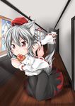  animal_ears blouse detached_sleeves ebi_senbei food food_in_mouth grey_hair hat highres inubashiri_momiji mouth_hold red_eyes short_hair solo tail toast toast_in_mouth tokin_hat touhou wolf_ears wolf_tail 