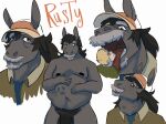 abdominal_bulge anthro asinus balls belly big_belly blonde_hair brown_eyes character_name clothed clothing colored donkey elderly elderly_pred equid equine facial_hair genitals goatee green_clothing green_shirt green_topwear hair hand_on_belly hat headgear headwear hi_res human human_prey male mammal mustache nipples nude open_mouth oral_vore orange_text pale_skin penis rusty_(stufferzz) shirt simple_background solo standing stufferzz swallowing text tongue topwear vore white_background