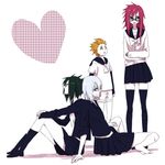  1girl 3boys crossdressing hoozuki_suigetsu houzuki_suigetsu juugo karin_(naruto) miyawaki_chihiro multiple_boys naruto naruto_shippuuden school_uniform uchiha_sasuke 