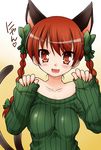  akou_roushi alternate_costume animal_ears blush bow braid breasts cat_ears cat_tail extra_ears fang green_shirt hair_bow heart impossible_clothes impossible_sweater kaenbyou_rin looking_at_viewer medium_breasts multiple_tails nekomata nyan open_mouth paw_pose pinching_sleeves red_eyes red_hair ribbed_sweater shirt sleeves_past_wrists smile solo sweater tail touhou twin_braids upper_body 
