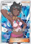  1girl arm_up armpits bangle bare_legs bare_shoulders bead_necklace beads black_eyes black_hair blue_nails bracelet breasts card_(medium) character_name collarbone crop_top cropped_legs dark-skinned_female dark_skin diamond_(gemstone) earrings fingernails hand_on_own_hip jewelry lipstick looking_at_viewer makeup medium_breasts midriff nail_polish navel necklace no_bra non-web_source official_art olivia_(pokemon) pink_lips pokemon pokemon_sm pokemon_tcg purple_shorts saitou_naoki short_hair short_shorts shorts sideboob simple_background smile solo sparkle standing thighlet trading_card watermark white_background z-ring 