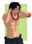  1boy abs absurdres black_hair border bracelet commentary elbow_pads freckles green_background highres jewelry male_focus necklace one_eye_closed one_piece pearl_necklace portgas_d._ace short_hair simple_background single_elbow_pad solo symbol-only_commentary topless_male usarinko white_border yawning 