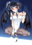  :&gt; bare_shoulders black_hair black_legwear blush breasts cameltoe covered_nipples demon_girl demon_horns demon_tail demon_wings detached_collar detached_sleeves hair_ribbon highres horns large_breasts leotard long_hair navel necktie original pantyhose playboy_bunny_leotard puffy_detached_sleeves puffy_nipples puffy_sleeves red_eyes ribbon side_ponytail smile solo squatting suzume_inui tail tiptoes wings wrist_cuffs 