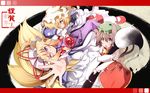  ;) animal_ears blonde_hair bow breasts brown_eyes brown_hair cat_ears cat_tail chen dress fox_ears fox_tail hair_bow hat highres medium_breasts multiple_girls multiple_tails one_eye_closed open_mouth purple_eyes rondo_umigame short_hair smile tail touhou yakumo_ran yakumo_yukari yellow_eyes 