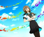  blue_eyes brown_hair bubble cloud day fish flying_fish hair_ornament hairclip long_hair open_mouth pantyhose pixiv_shadow_3 rainbow_order ribbon rio_(skyjacking) sky solo 