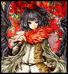  akasia black_hair black_wings border fan hat looking_at_viewer red_eyes scarf shameimaru_aya short_hair smile solo tokin_hat touhou windowboxed wings 