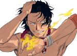  1boy black_hair bracelet commentary elbow_pads fire freckles hand_in_own_hair highres jewelry looking_to_the_side male_focus necklace one_piece pearl_necklace portgas_d._ace short_hair simple_background single_elbow_pad smile solo symbol-only_commentary upper_body usarinko white_background 