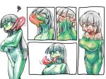  2018 amphibian annoyed anthro big_breasts blush breast_expansion breasts featureless_breasts female frog goo_transformation hair human human_to_anthro long_hair long_tongue mammal mo_dame_kuuki navel nude one_eye_closed open_mouth sequence shocked solo tears tongue tongue_growth transformation 