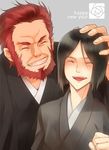  &gt;_&lt; ayakaze-i bangs beard black_hair bob_cut closed_eyes facial_hair fate/zero fate_(series) hand_on_another's_head japanese_clothes kimono male_focus multiple_boys new_year parted_bangs red_hair rider_(fate/zero) waver_velvet 