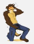 anthro bibarel_rei blush bodily_fluids bottomwear breath brown_body brown_fur canid canine canis clothing denim denim_bottomwear denim_clothing desperation embarrassed eyes_closed fur genital_fluids hand_on_crotch hi_res jeans kneeling male male_peeing mammal omorashi on_one_knee open_mouth pants peeing shirtless_anthro shirtless_male simple_background solo urine urine_on_ground urine_pool wet wet_bottomwear wet_clothing wet_pants wetting white_background wolf yellow_body yellow_fur yellow_urine