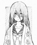  bad_id bad_pixiv_id bangs black_hair blanket floral_print graphite_(medium) greyscale komori_kiri long_hair monochrome sayonara_zetsubou_sensei school_uniform serafuku shanghai_man solo tears traditional_media upper_body 