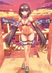  1girl arm_garter ass_visible_through_thighs bandana bandana_around_neck bare_shoulders bikini black_bikini black_gloves blonde_hair breasts brown_hair cleavage closed_mouth cloud crossed_legs dual_wielding fate/grand_order fate_(series) full_body game_cg gloves goggles goggles_on_head gradient_hair groin halterneck hands_up highleg highleg_bikini holding holster holstered horizon leaning_forward long_hair looking_at_viewer low_twintails medium_breasts moriyama_daisuke multi-strapped_bikini_bottom multicolored_bikini multicolored_hair navel ocean official_art osakabehime_(fate) osakabehime_(swimsuit_archer)_(fate) osakabehime_(swimsuit_archer)_(second_ascension)_(fate) pink_bandana pink_bikini pink_eyes pink_sky platform_sandals pool sidelocks sky smile solo standing swimsuit thigh_gap thigh_holster thigh_strap third-party_source toes twintails two-tone_bikini variant_set very_long_hair warm_colored water weapon_request 