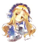  :&lt; blonde_hair blush hairband head_tilt kikokugai long_hair petrushka_(kikokugai) sleeves_past_wrists solo yellow_eyes 