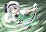  aqua_eyes black_hairband bow bowtie ebi_senbei flower ghost green_eyes grey_hair hairband hitodama katana konpaku_youmu konpaku_youmu_(ghost) scabbard sheath sheathed short_hair silver_hair skirt skirt_set solo sword tassel touhou vest weapon 