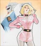  1girl belt blonde_hair blue_eyes commentary_request gundam highres ikeda_kazuhiro lips mecha military_uniform mobile_suit mobile_suit_gundam open_mouth pantyhose realistic robot rx-78-2_gundam sayla_mass science_fiction short_hair skirt teeth upper_teeth_only v-fin 