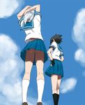  2boys ass crossdressing fingerless_gloves footwear gloves hoozuki_suigetsu houzuki_suigetsu miyawaki_chihiro multiple_boys naruto naruto_shippuuden no_panties outdoors school_uniform shoes skirt socks trap uchiha_sasuke upskirt 