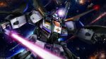  absurdres aeug artist_request battle beam_cannon company_name copyright_notice energy_beam energy_gun energy_sword explosion firing glowing green_eyes gundam gundam_battle_operation_2 gundam_msv highres holding holding_sword holding_weapon machinery mecha mecha_focus official_art prototype_zz_gundam robot science_fiction solo space sunrise_(company) sword v-fin weapon 