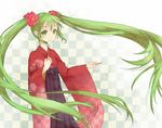  bad_id bad_pixiv_id black_hakama checkered checkered_background floating_hair flower green_eyes green_hair hair_flower hair_ornament hakama hand_on_own_chest hatsune_miku japanese_clothes kamogonn kimono long_hair meiji_schoolgirl_uniform new_year smile solo twintails very_long_hair vocaloid 
