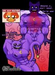 abs absurd_res anthro balls biceps big_pecs black_background black_nose black_sclera blush canid canine canis catnap_(poppy_playtime) ch4mm0zotz claws collar critters_(poppy_playtime) dialogue dipstick_tail dogday_(poppy_playtime) domestic_cat domestic_dog duo fangs felid feline felis fur genitals glans glistening glistening_nipples gloves_(marking) glowing glowing_eyes hands_behind_back hi_res homophobic_slur jewelry live_reaction_(meme) looking_at_viewer male mammal markings mob_entertainment multicolored_body muscular muscular_male navel neck_markings necklace nipples nude orange_body orange_fur pecs penis poppy_playtime pupils purple_body purple_fur purple_glans purple_nipples purple_penis red_smoke simple_background smile smiling_critters smoke tail tail_markings teeth text tongue whiskers white_pupils yellow_body yellow_fur