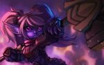 4_fingers armor blonde_hair blurred_background breastplate clothing cute_fangs fangs female fingers gloves hair hammer handwear humanoid humanoid_pointy_ears league_of_legends light lighting melee_weapon pigtails pointy_ears polearm poppy_(lol) purple_eyes purple_light purple_lighting riot_games shaded shoulder_guard solo te4moon_(artist) teeth tencent tools warhammer weapon yordle