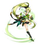  1girl animal_print bare_shoulders black_boots black_bow black_dress black_gloves black_ribbon boots bow breasts butterfly_print center_opening clenched_hand detached_sleeves dress elf elsword fighting_stance fingerless_gloves flower full_body game_cg gauntlets gloves green_dress green_eyes green_hair green_sleeve_cuffs hair_bow hair_ribbon halter_dress halterneck happy high_ponytail highres hwansang knee_boots large_breasts layered_dress leg_tattoo leg_up lily_(flower) long_hair long_sleeves looking_at_viewer magic official_art open_mouth pointy_ears ponytail puffy_long_sleeves puffy_sleeves rena_erindel ribbon second-party_source short_dress shoulder_tattoo single_gauntlet sleeveless sleeveless_dress smile solo swept_bangs tachi-e tattoo transparent_background very_long_hair white_flower white_sleeves wind 