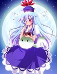  :3 blue_hair blush chopsticks dress dual_persona eating ex-keine food full_moon geo_(yukishitadou) hat highres kamishirasawa_keine kamishirasawa_keine_(hakutaku) long_hair mochi moon night red_eyes ribbon star_(sky) sukusuku_hakutaku touhou wagashi 