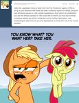  animal_ears apple_bloom_(mlp) applebloom_(mlp) applejack_(mlp) ask_jappleack blonde_hair bow cub english_text equine female feral friendship_is_magic fruit green_eyes hair hat horse hotdiggedydemon mammal my_little_pony pony red_hair sad sibling sisters text tumblr young 