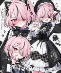  1girl @_@ absurdres animal_ear_hairband animal_ears black_dress black_nails black_ribbon cat_ear_hairband cat_ears dress eyepatch fake_animal_ears gothic_lolita hair_between_eyes hairband heart heart-shaped_pupils highres knees lolita_fashion medium_hair one_eye_covered original pink_eyes pink_hair ribbon symbol-shaped_pupils two-tone_dress waka_(wk4444) white_dress 