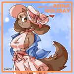 1:1 2025 anna_holiday anthro big_breasts blue_clothing blue_topwear breasts brown_body brown_ears brown_fur brown_hair brown_tail canid canine canis clothing dated day digital_drawing_(artwork) digital_media_(artwork) domestic_dog dress eyelashes female floppy_ears fur hair half-length_portrait hat headgear headwear lnb lop_ears mammal orange_text outside pink_clothing pink_dress pink_hat pink_headwear portrait side_boob sky smile solo tail text three-quarter_view topwear