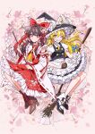  2girls apron ascot black_hat black_shoes black_skirt black_vest blonde_hair blue_bow blush boots bow braid breasts broom brown_boots brown_hair cherry_blossoms closed_mouth commentary_request detached_sleeves embellished_costume flower frilled_bow frilled_hair_tubes frilled_skirt frills gohei grin hair_bow hair_flower hair_ornament hair_tubes hakurei_reimu hat hat_bow high_heel_boots high_heels holding holding_broom holding_gohei kirisame_marisa lace-up_boots long_hair looking_at_viewer mini-hakkero multiple_girls neko_hunsou one_eye_closed pink_flower puffy_short_sleeves puffy_sleeves red_bow red_eyes red_skirt ribbon-trimmed_sleeves ribbon_trim shoes short_sleeves side_braid single_braid skirt skirt_set smile socks star_(symbol) touhou twitter_username vest waist_apron white_bow white_socks witch_hat yellow_ascot yellow_eyes 