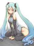 aqua_hair arm_support blush breast_squeeze breasts checkered checkered_floor detached_sleeves hair_between_eyes hatsune_miku headphones headset kagami_uekusa large_breasts long_hair necktie no_pants sitting smile solo thighhighs twintails very_long_hair vocaloid wariza 