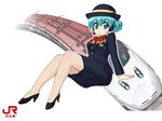  alternate_hairstyle aqua_eyes aqua_hair ground_vehicle hat hatsune_miku headphones headset pantyhose pencil_skirt shinkansen shoes sitting skirt solo tessai train train_attendant uniform vocaloid 