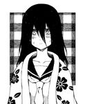  bangs black_hair blanket floral_print greyscale komori_kiri long_hair md5_mismatch monochrome plaid sayonara_zetsubou_sensei school_uniform serafuku shanghai_man solo tears upper_body 