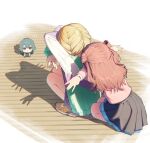  3girls black_overskirt blonde_hair blue_overskirt braid brown_hair cat_shadow_puppet_(meme) chibigurumi fujita_kotone gakuen_idolmaster green_eyes green_hair hanami_saki hatsuboshi_gakuen_school_uniform highres idolmaster inoshishi969 jacket long_hair long_sleeves meme multiple_girls pink_jacket school_uniform squatting tsukimura_temari twin_braids two_side_up 