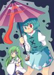  blue_eyes blue_hair blush_stickers detached_sleeves frog green_hair hair_ornament hair_tubes heterochromia karakasa_obake kochiya_sanae long_hair multiple_girls purple_umbrella red_eyes short_hair skirt smile snake tatara_kogasa togashi_yuu tongue touhou umbrella 