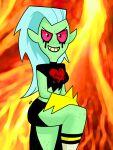 alien alien_humanoid bottomwear breasts clothed clothing disney female footwear freckles gloves green_body green_skin grin hair handwear hi_res humanoid humanoid_pointy_ears long_hair looking_at_viewer lord_dominator midriff noseless pink_sclera pointy_ears raised_leg signature smile socks solo teeth theeyzmaster topwear wander_over_yonder white_hair