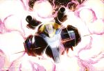  1girl absurdres artist_request battle beam_cannon canards canopy_(aircraft) debris earth_federation energy g-fighter gundam gundam_perfect_file highres machinery mecha_pilot_suit mobile_suit_gundam official_art pilot sayla_mass scan science_fiction spacecraft sparks starfighter traditional_media translation_request 
