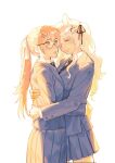  2girls black_necktie blue_jacket blue_skirt bright_background brown_eyes brown_hair closed_eyes collared_shirt degrees_of_lewdity froventale highres hug jacket long_hair multiple_girls necktie player_character_(degrees_of_lewdity) player_character_(female)_(degrees_of_lewdity) pleated_skirt ponytail round_eyewear school_uniform shirt skirt sydney_(degrees_of_lewdity) sydney_(female)_(degrees_of_lewdity) white_background white_hair white_shirt 