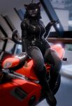 3d_(artwork) ahoge annoad anthro biker black_body black_fur black_hair blue_eyes blurred_background bodysuit breasts clothing digital_media_(artwork) fangs felid female fur hair hi_res holding_key holding_object honda key long_sleeves mammal medium_breasts motorcycle open_mouth pantherine shani_(annoad) sharp_teeth sitting skinsuit solo tail teeth tight_clothing vehicle zipper