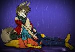 aliya_sari_(readerno31142) anthro bad_guy_cafe blood bodily_fluids brown_body brown_fur brown_hair canid canine corsac_fox duo female fire_(firefox) fox fur grey_body grey_fur hair male mammal orange_body orange_fur post-apocalyptic purple_hair raining tan_body tan_fur tears true_fox water wounded yellow_body yellow_fur ziegelzeig