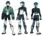  abs ass bangs blue_eyes blue_hair bodysuit boots character_sheet clenched_hands concept_art flat_color from_behind gloves headband jacket knee_boots knee_pads leo_stenbuck looking_at_viewer looking_away masao_tsubasa multiple_views muscle official_art open_clothes open_jacket pilot_suit simple_background sketch skin_tight standing teenage torn_clothes turnaround turtleneck zone_of_the_enders zone_of_the_enders_2 