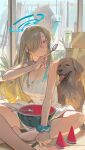  1girl absurdres alternate_costume asuna_(blue_archive) bare_shoulders barefoot blonde_hair blue_archive blue_eyes blue_halo box breasts cleavage closed_mouth dog dress food fruit hair_over_one_eye halo highres holding holding_spoon indian_style large_breasts long_hair mole mole_on_breast omurice_(304975636) plant scrunchie sitting solo spoon tatami tongue tongue_out very_long_hair watermelon watermelon_slice white_dress window wrist_scrunchie 