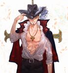  1boy abs absurdres belt belt_buckle black_coat black_hair black_hat buckle coat coat_on_shoulders cross cross_necklace dracule_mihawk facial_hair frilled_shirt frills hat hat_tip highres jewelry male_focus necklace one_piece open_clothes open_shirt pectorals sc_scandium shirt short_hair simple_background solo sword sword_on_back weapon weapon_on_back white_shirt yellow_eyes 